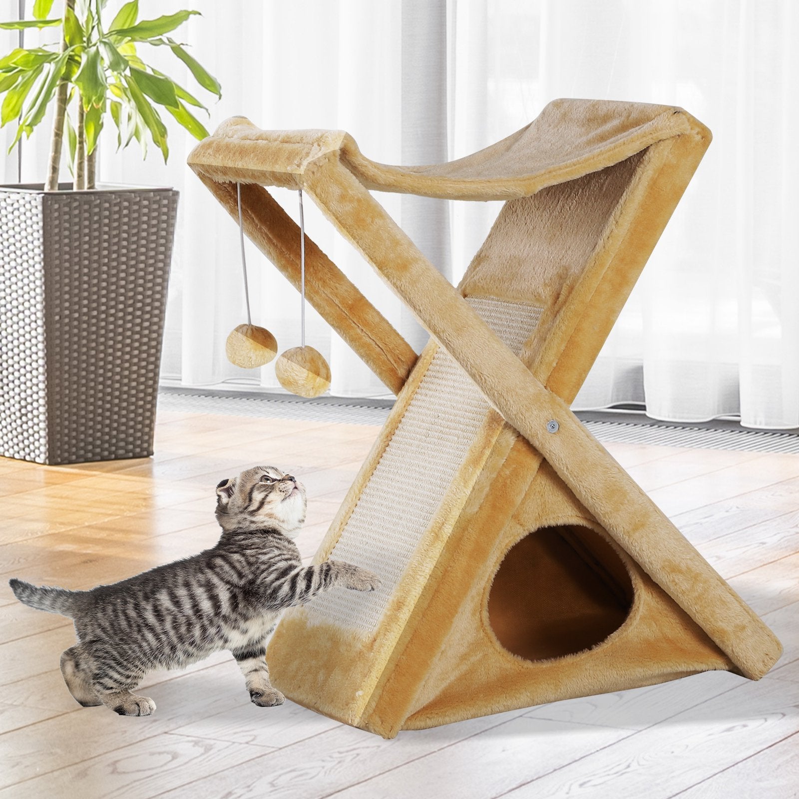 Two Tier Cat Tree Tower Scratching Post, 50L x 32W x 65Hcm-Light Yellow