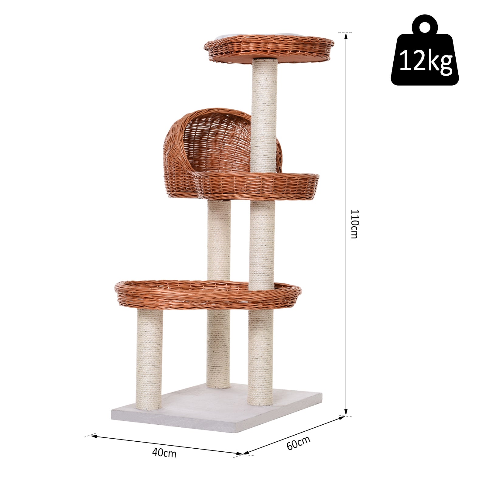Cats 3-Tier Sisal Rope Scratching Post w/ Wicker Bed Grey