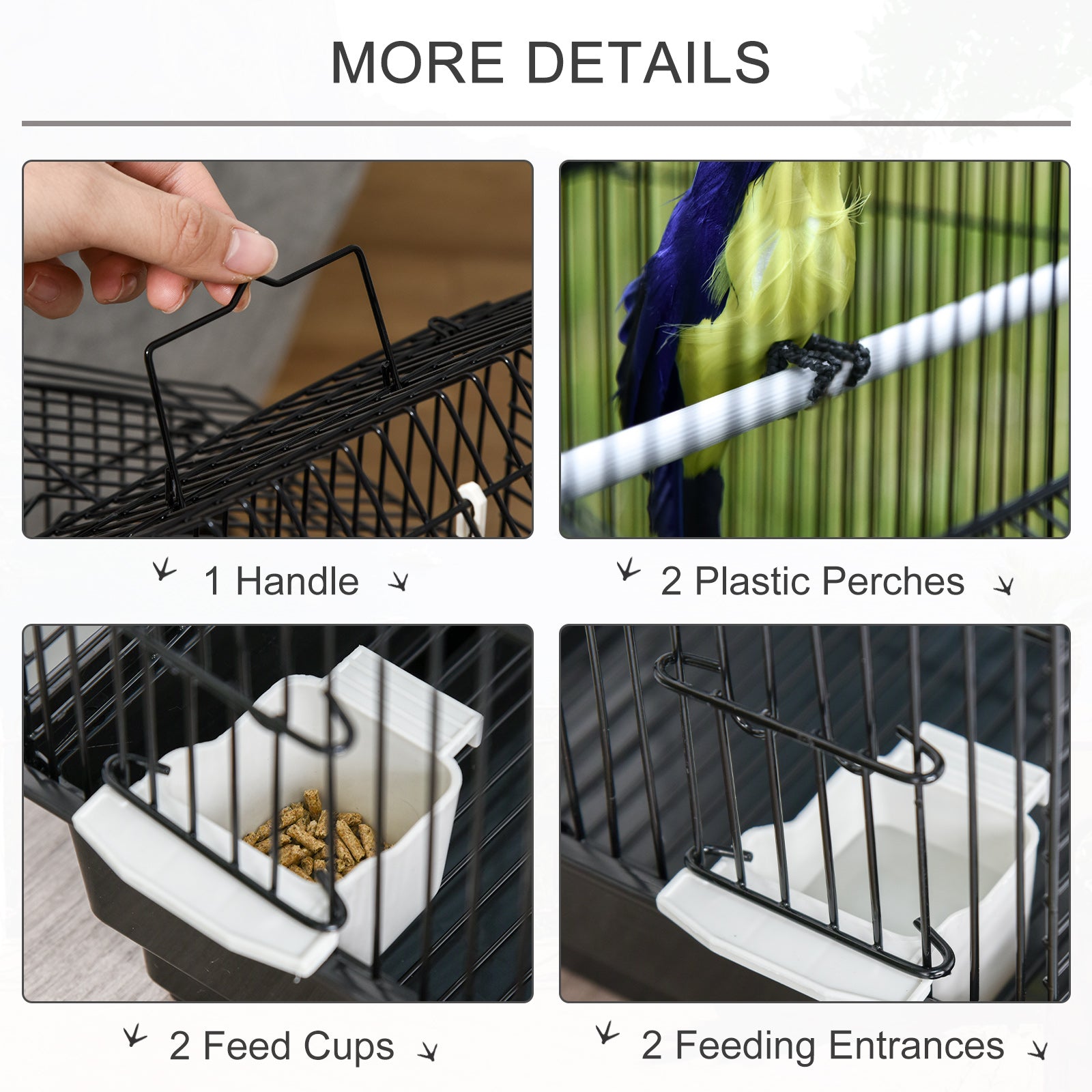 Metal Bird Cage w/ Plastic Perch Food Container Swing Ring Handle Small Black