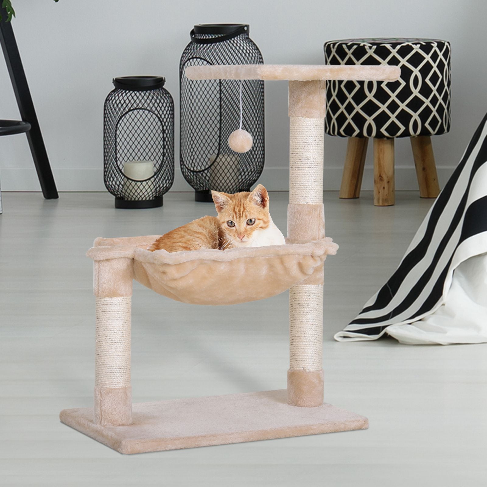 Cat Tree Hammock Bed Natural Sisal Scratching Post w/ Dangle Toy 2 Tier 70cm Pet Scratch Stand