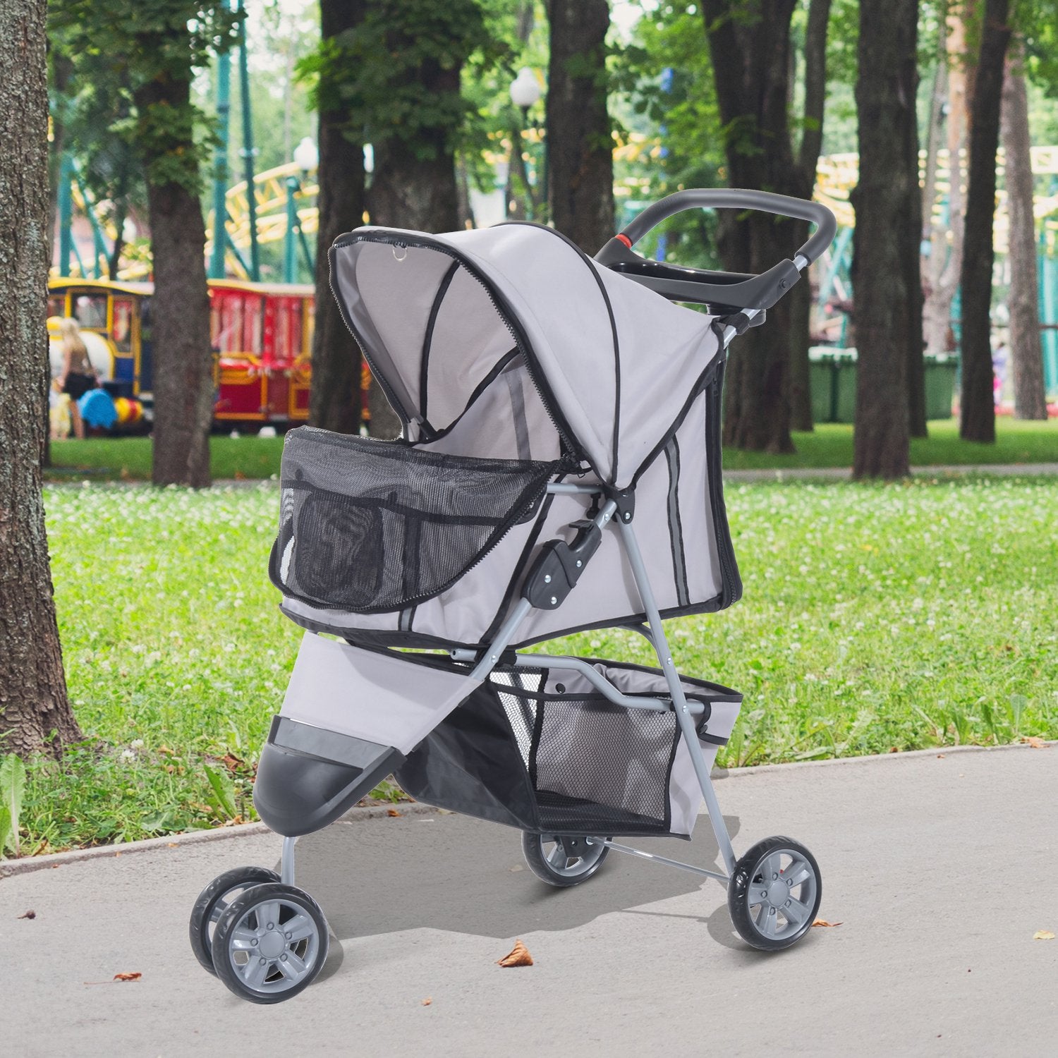 Dogs Oxford Cloth Three Wheel Pram Grey - Suitable for Small Pets