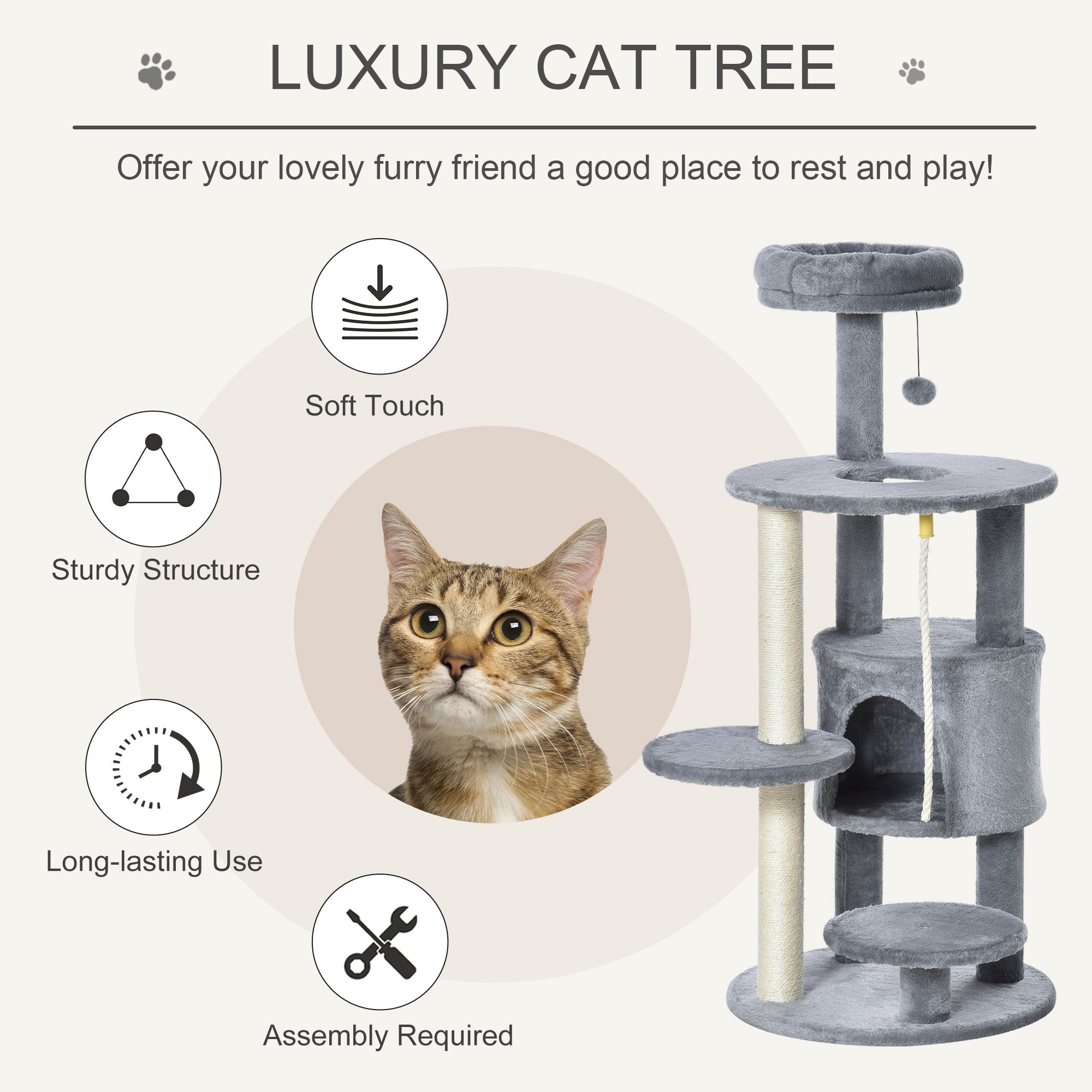 Cat Tree Tower Activity Center with Hanging Ball Toy Teasing Rope Dark grey
