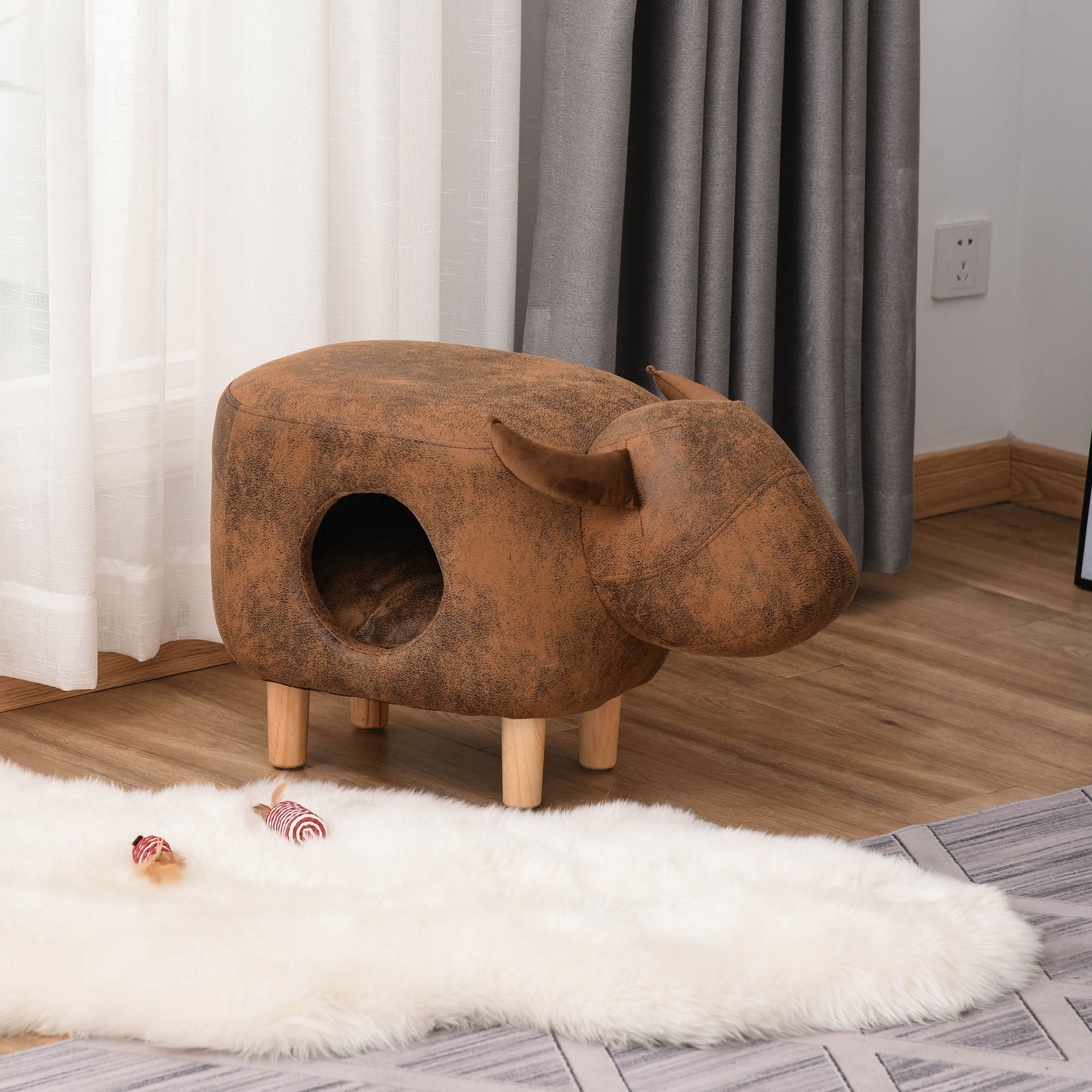 Pet House Ottoman Cat Bed Footstools Indoor Condo with Cushion, Brown