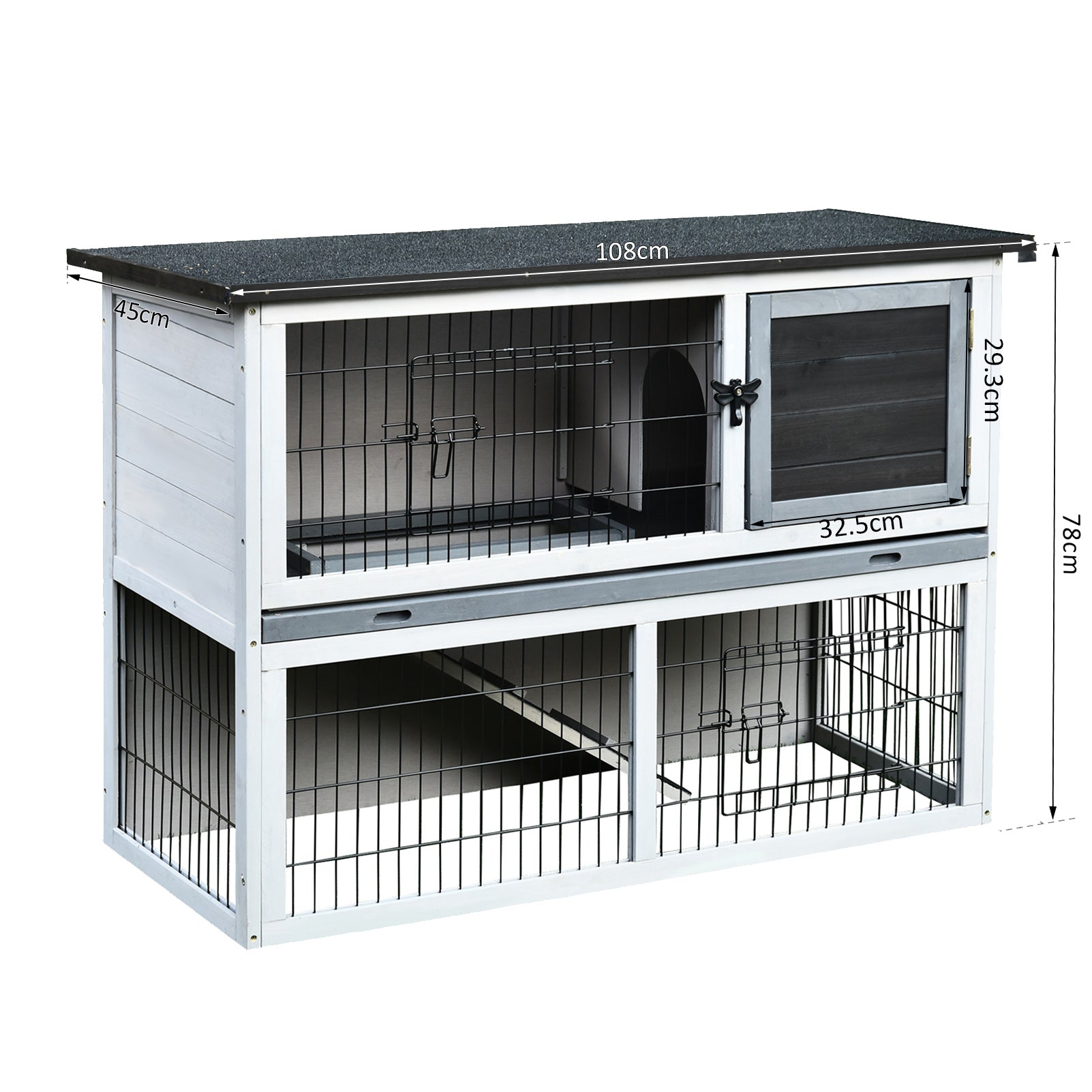 Small Animal Two-Level Fir Wood Hutch w/ Slide Out Tray Grey