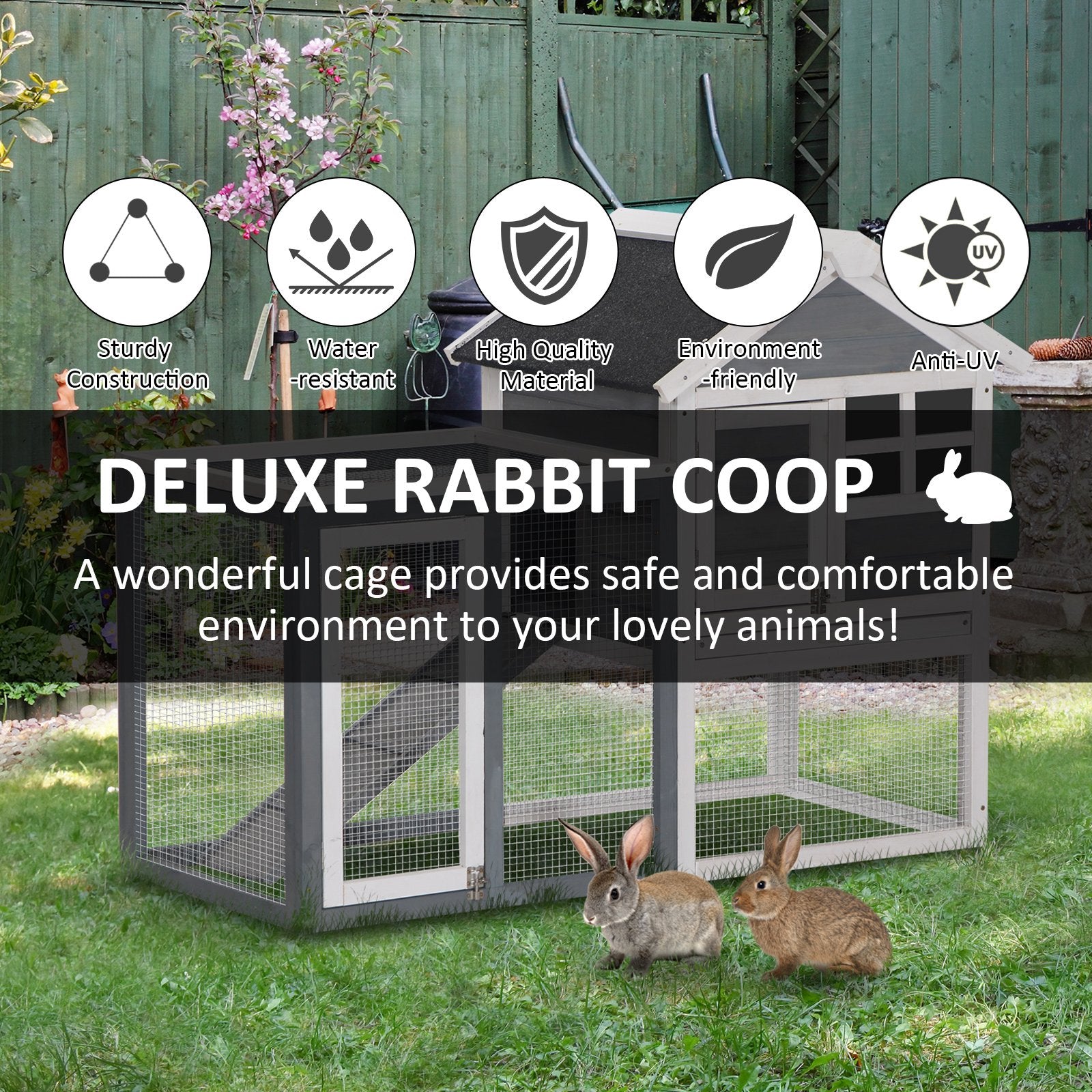 122cm Rabbit Hutch Cage Bunny House Wooden Habitat Pet Small Animal w/ Tray Ramp