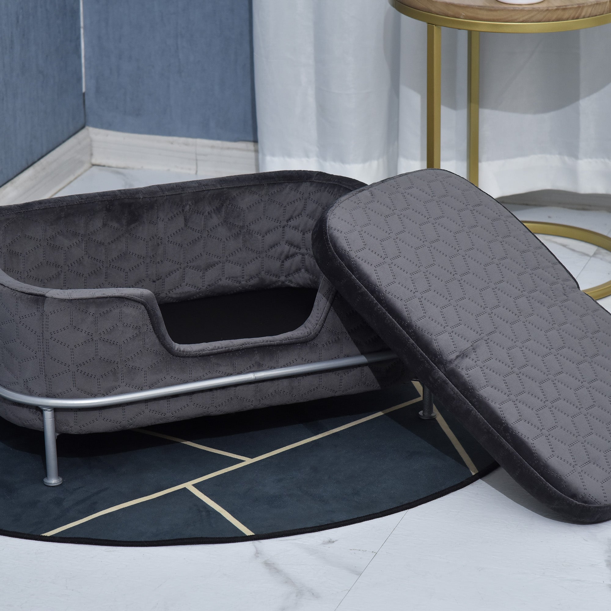 Velvet Upholstered Elevated Small Pet Bed Grey
