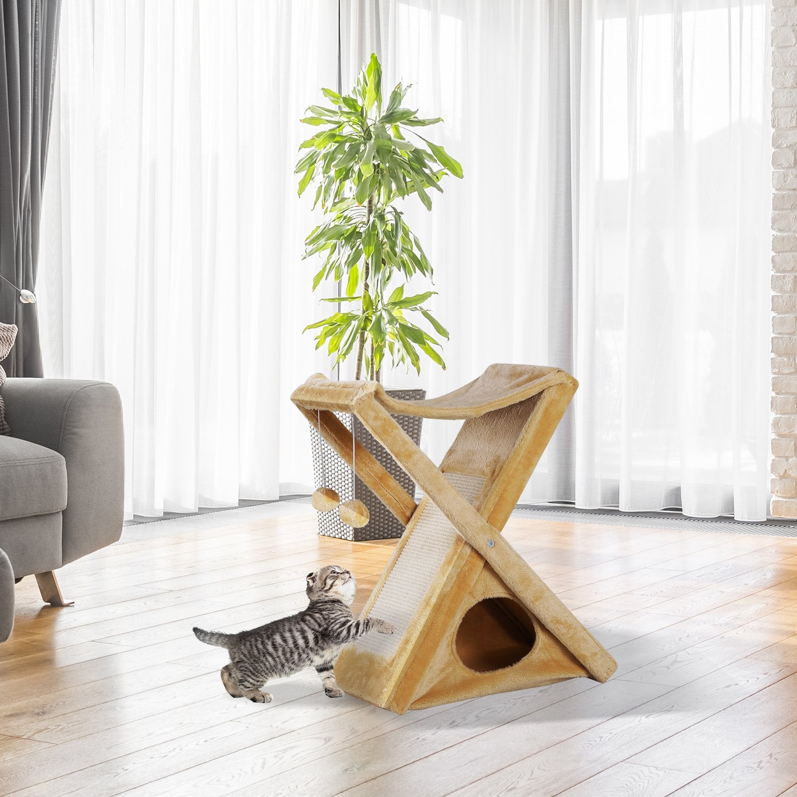 Two Tier Cat Tree Tower Scratching Post, 50L x 32W x 65Hcm-Light Yellow