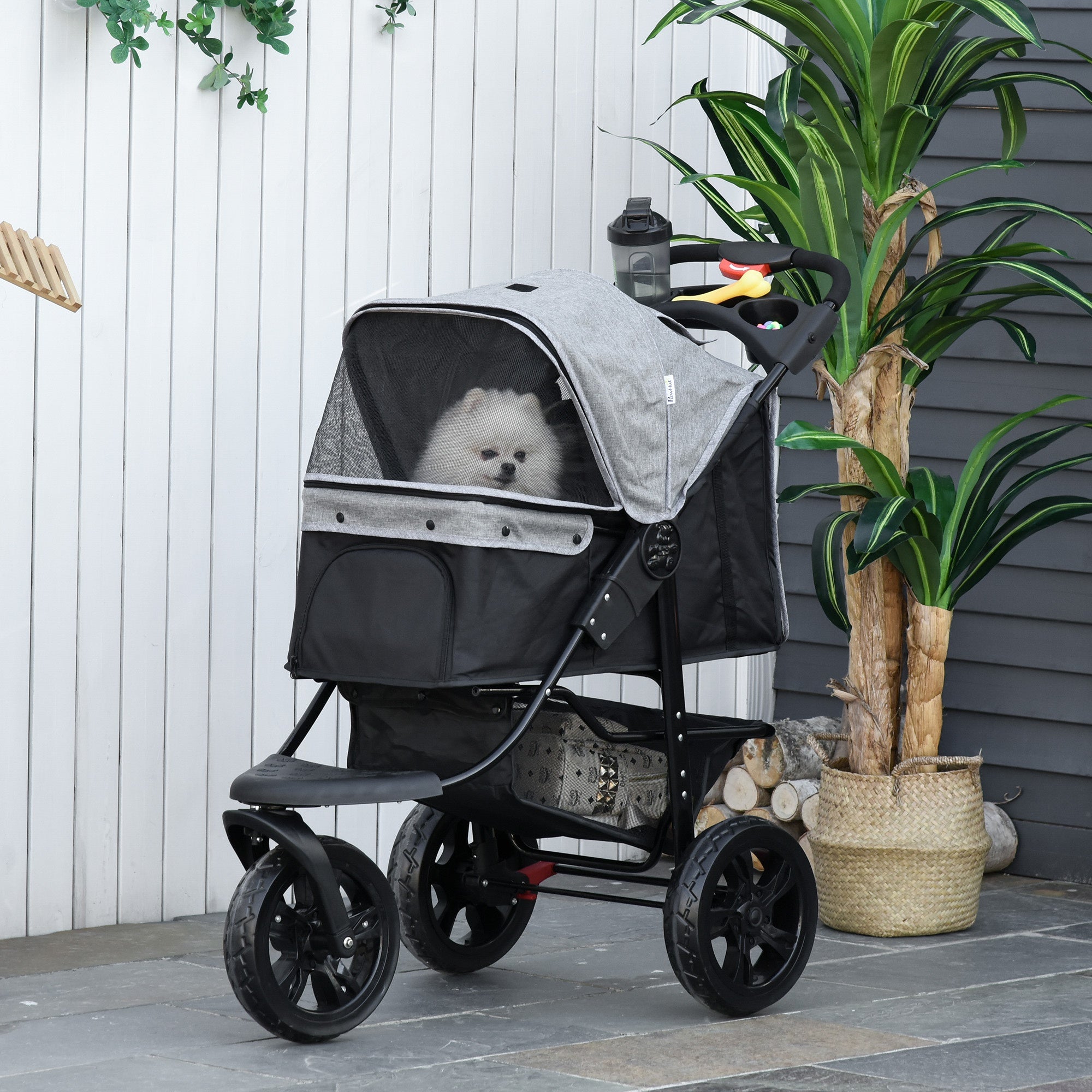Folding 3 Wheel Pet Stroller Travel w/ Adjustable Canopy Storage Brake Grey