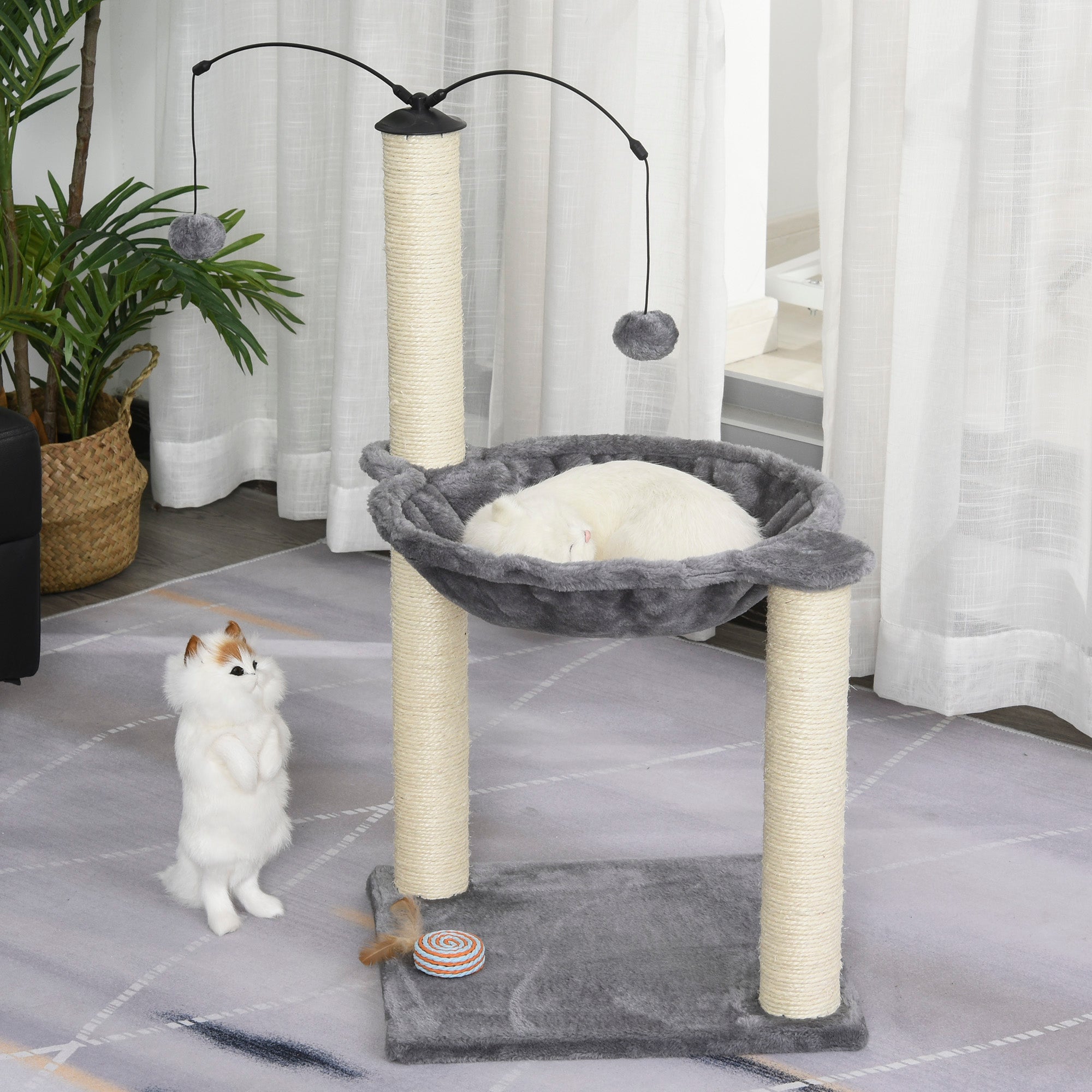 Cats Sisal Rope Scratching Tree Bed w/ Dangle Toy Grey