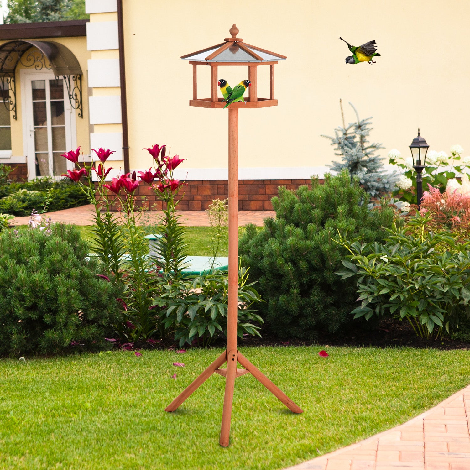 Wooden Freestanding Garden Bird Feeder Wood Tone