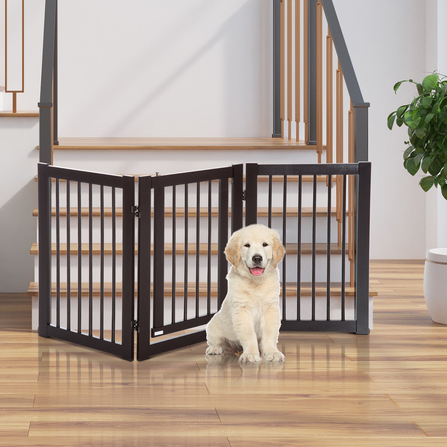 MDF Freestanding Expandable Pet Gate w/ Latched Door Brown