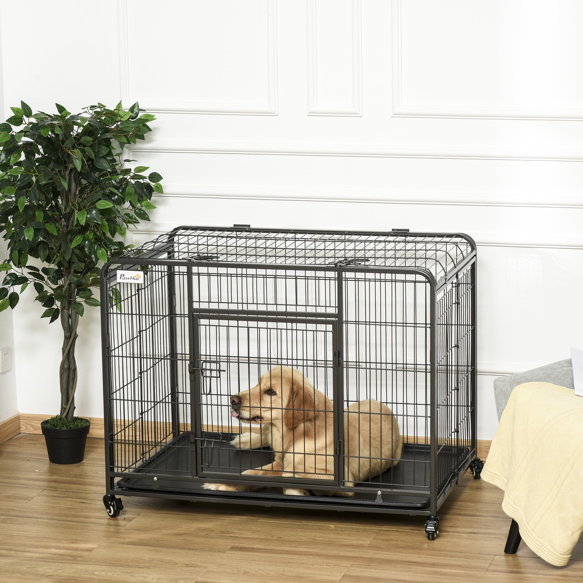 Dog Crates Foldable Puppy Kennel & Cage Pet Playpen w/ Tray Lockable Wheels