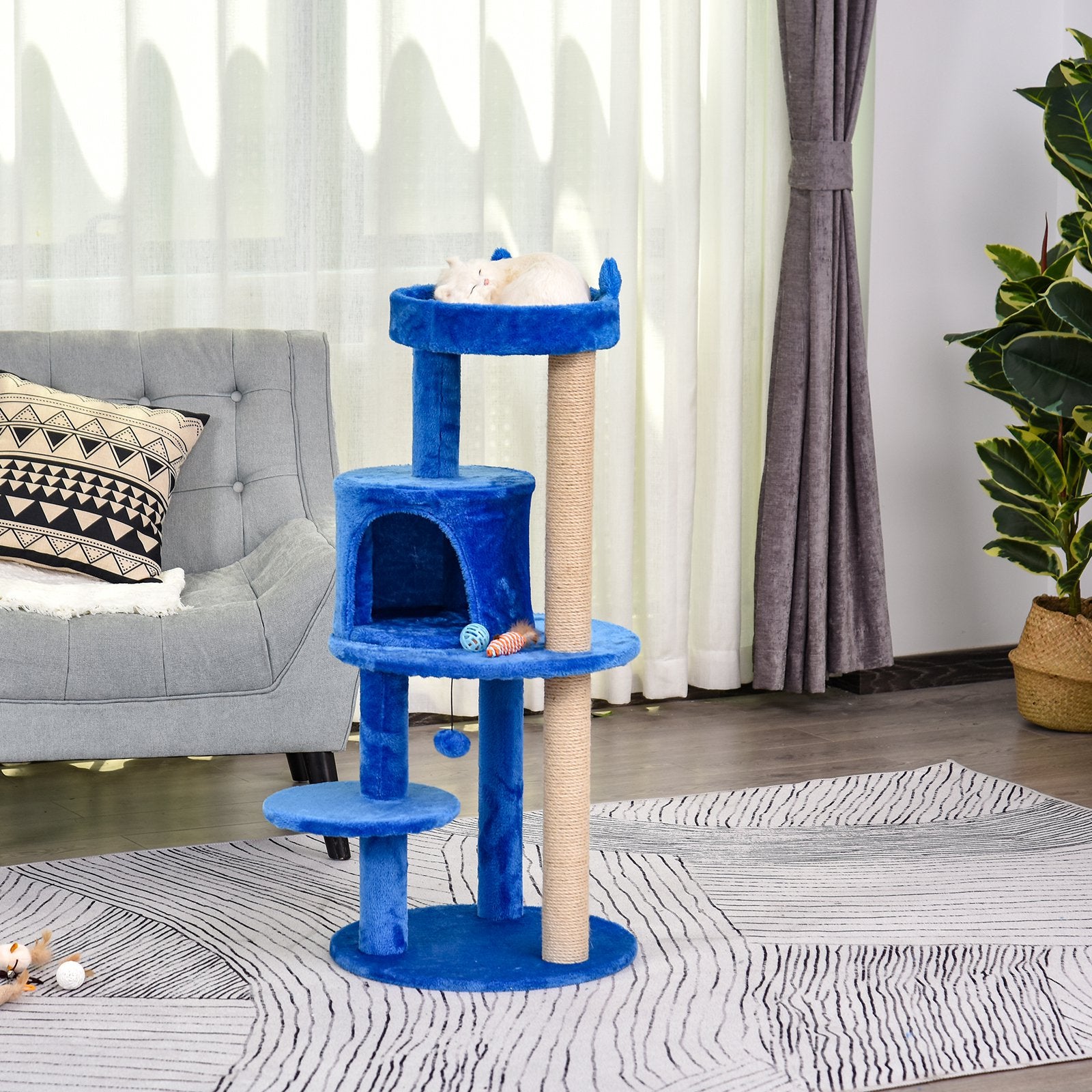 Cats 3-Tier Sisal Rope Scratching Post w/ Dangle Toy Blue