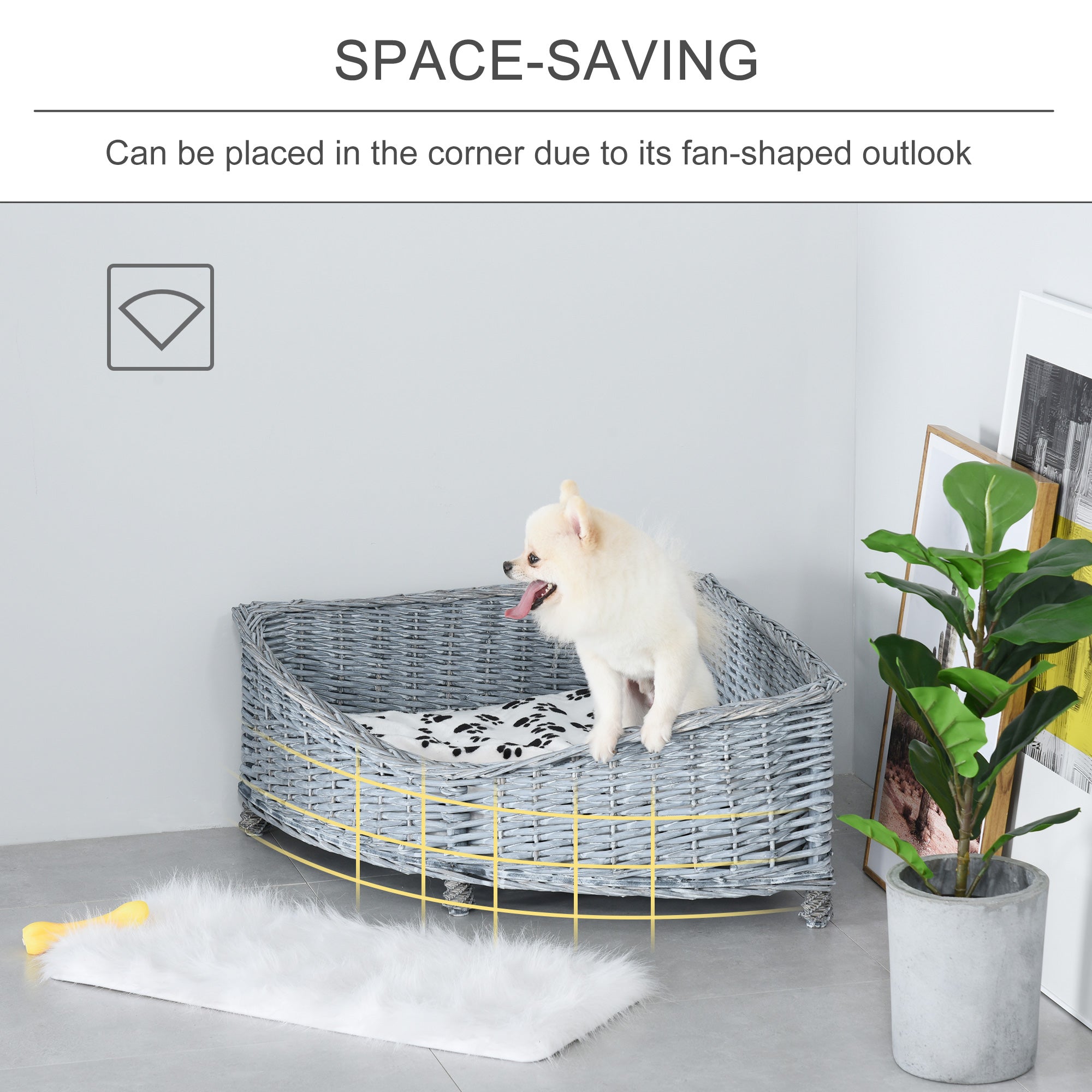 Wicker Dog Corner Basket Pet Bed Sofa Couch w/ Soft Plush Cushion Elevated Base