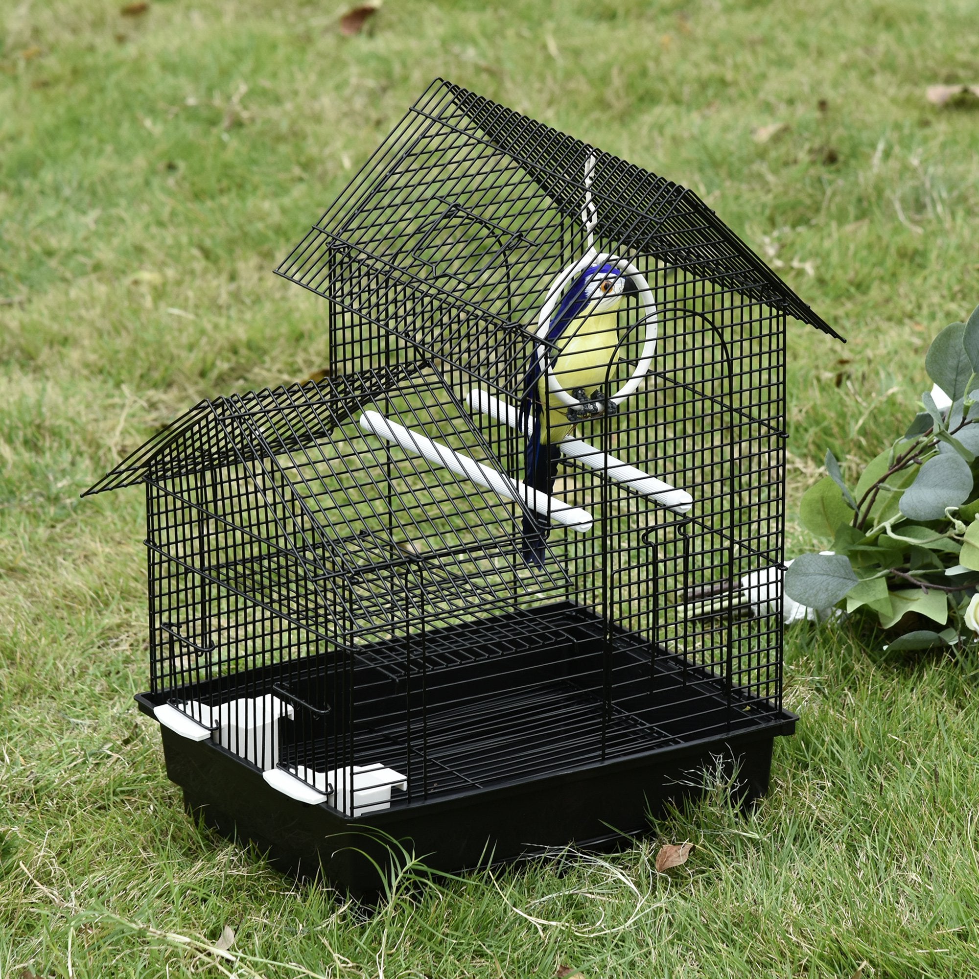 Metal Bird Cage w/ Plastic Perch Food Container Swing Ring Handle Small Black