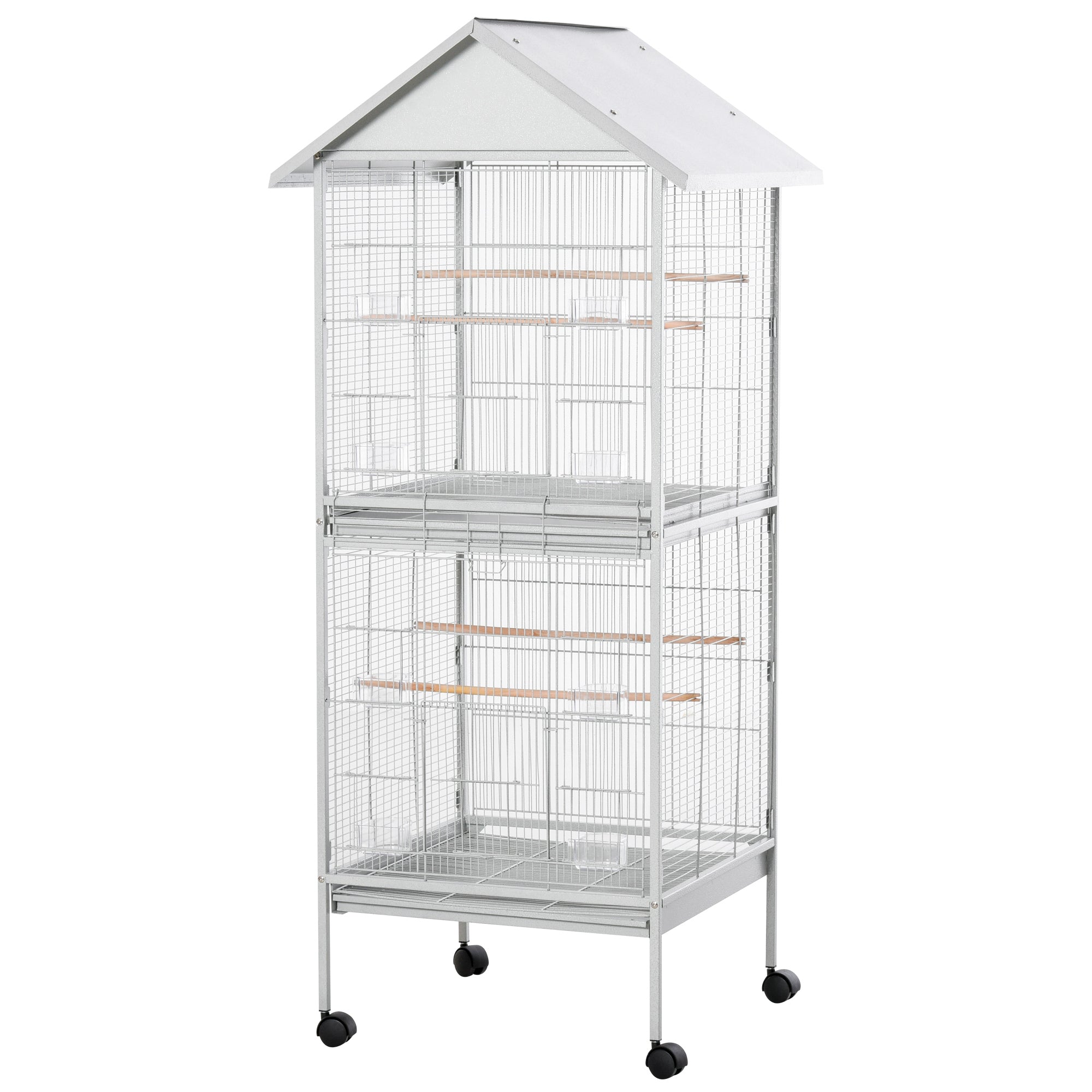 170cm Large Wrought Metal Bird Cage Mobile Feeder with Rolling Stand Perches Food Containers Doors Wheels White