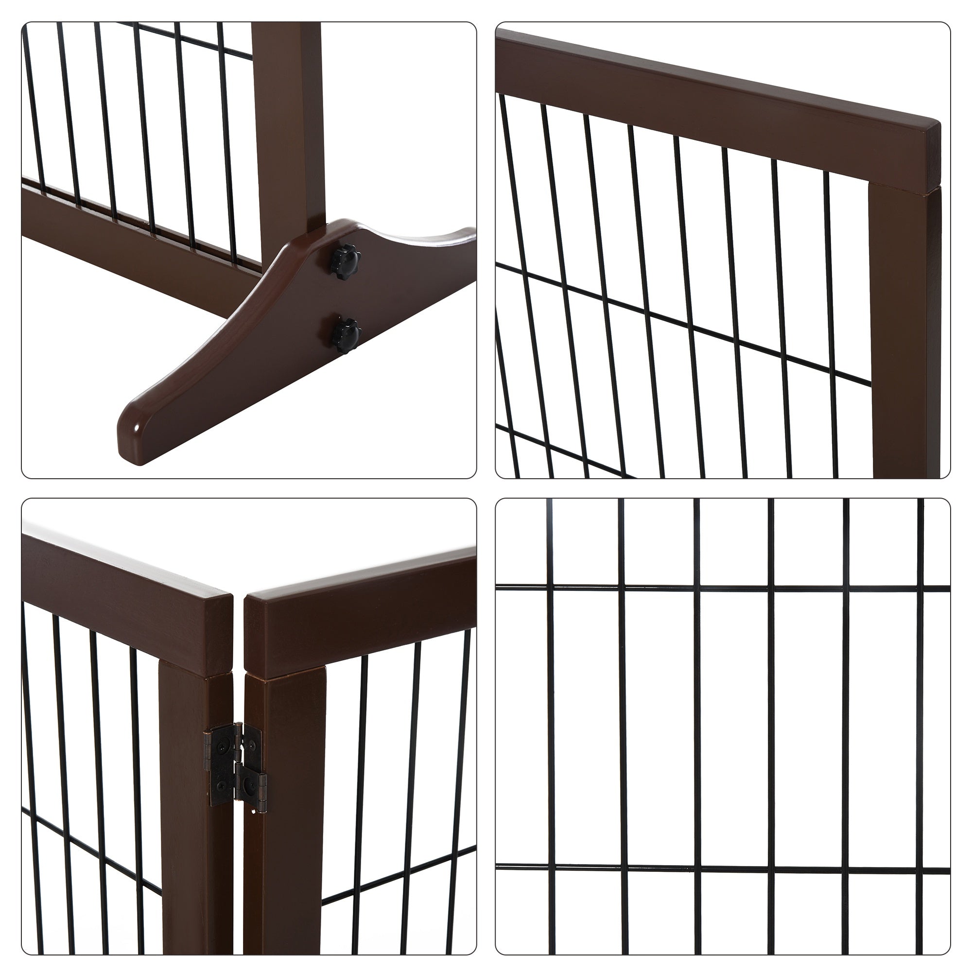 3 Panel Pet Gate Pine Frame Indoor Foldable Dog Barrier w/Supporting Foot, Brown