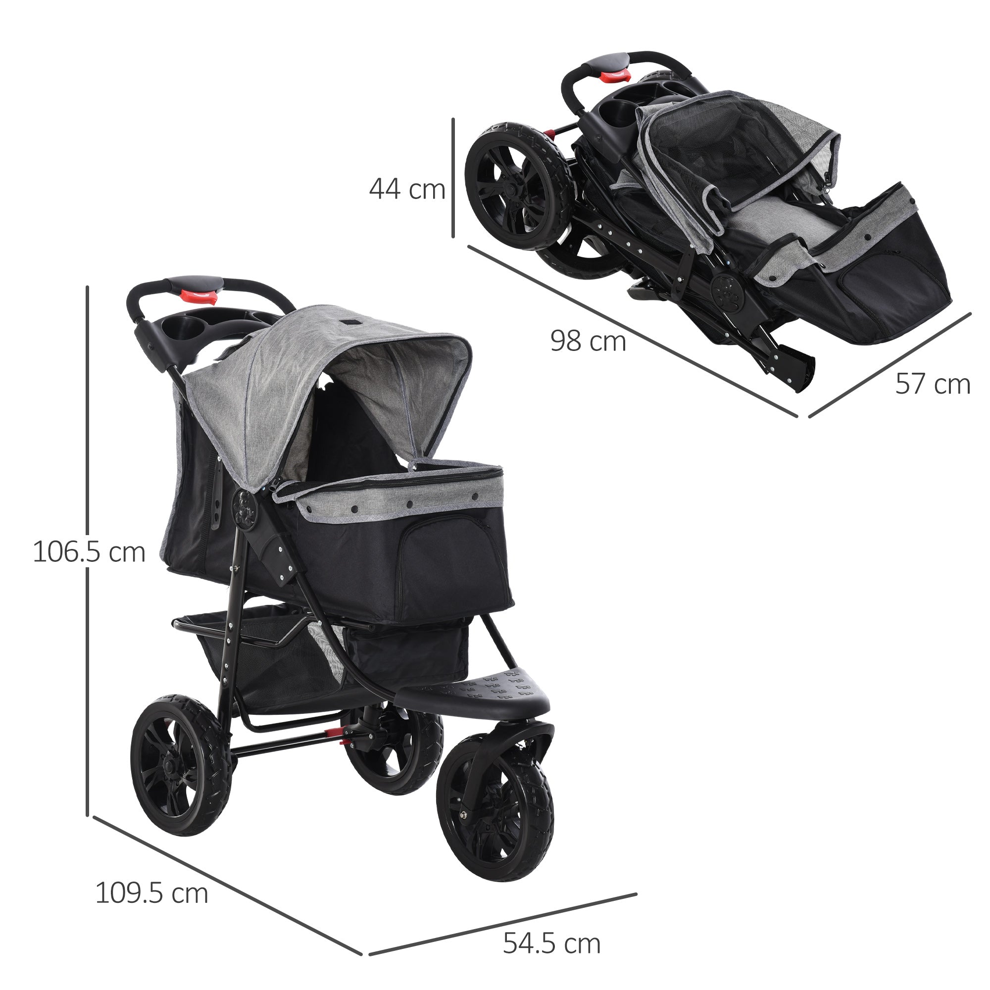 Folding 3 Wheel Pet Stroller Travel w/ Adjustable Canopy Storage Brake Grey