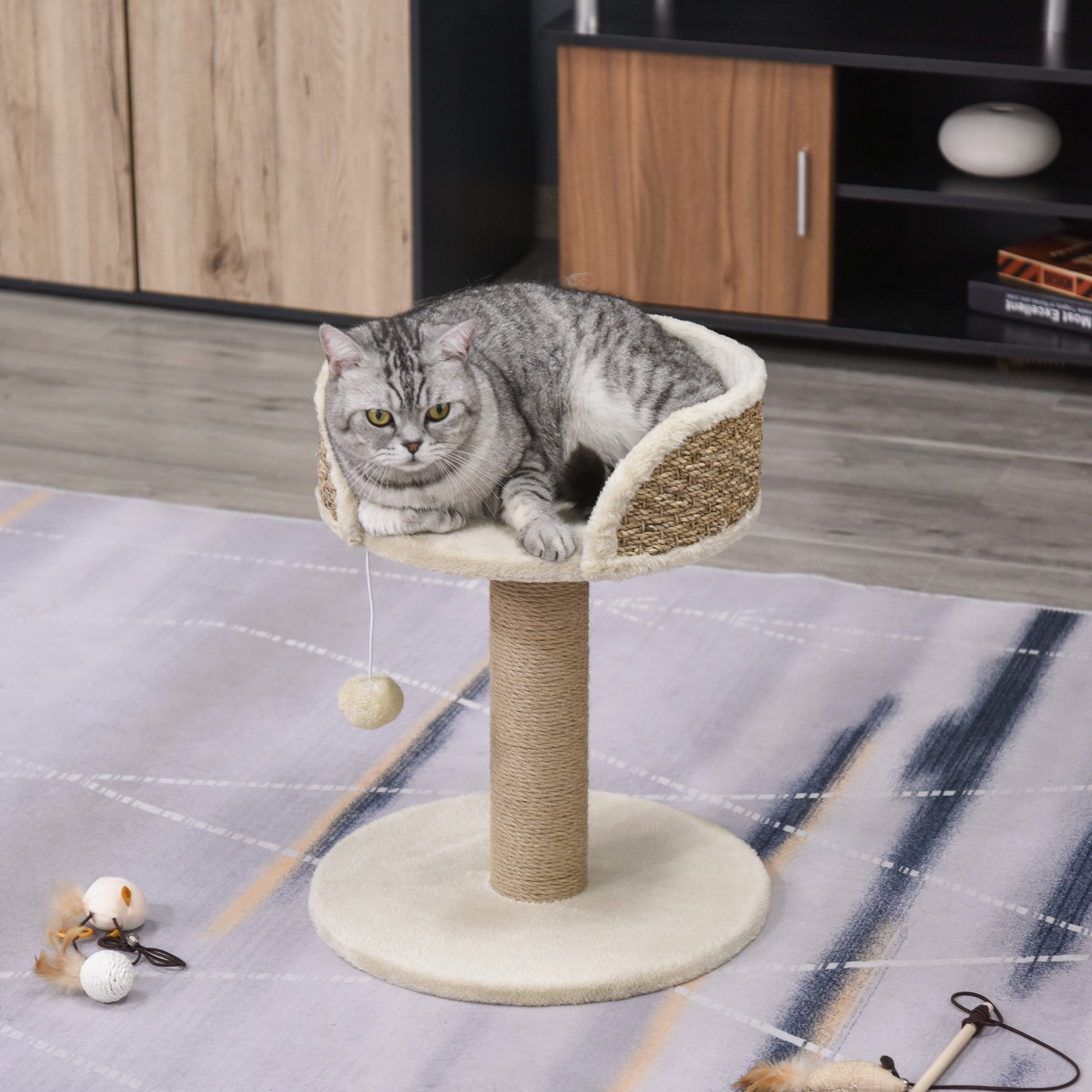 Cats Elevated Jute Rope Scratching Tree w/ Dangle Toy