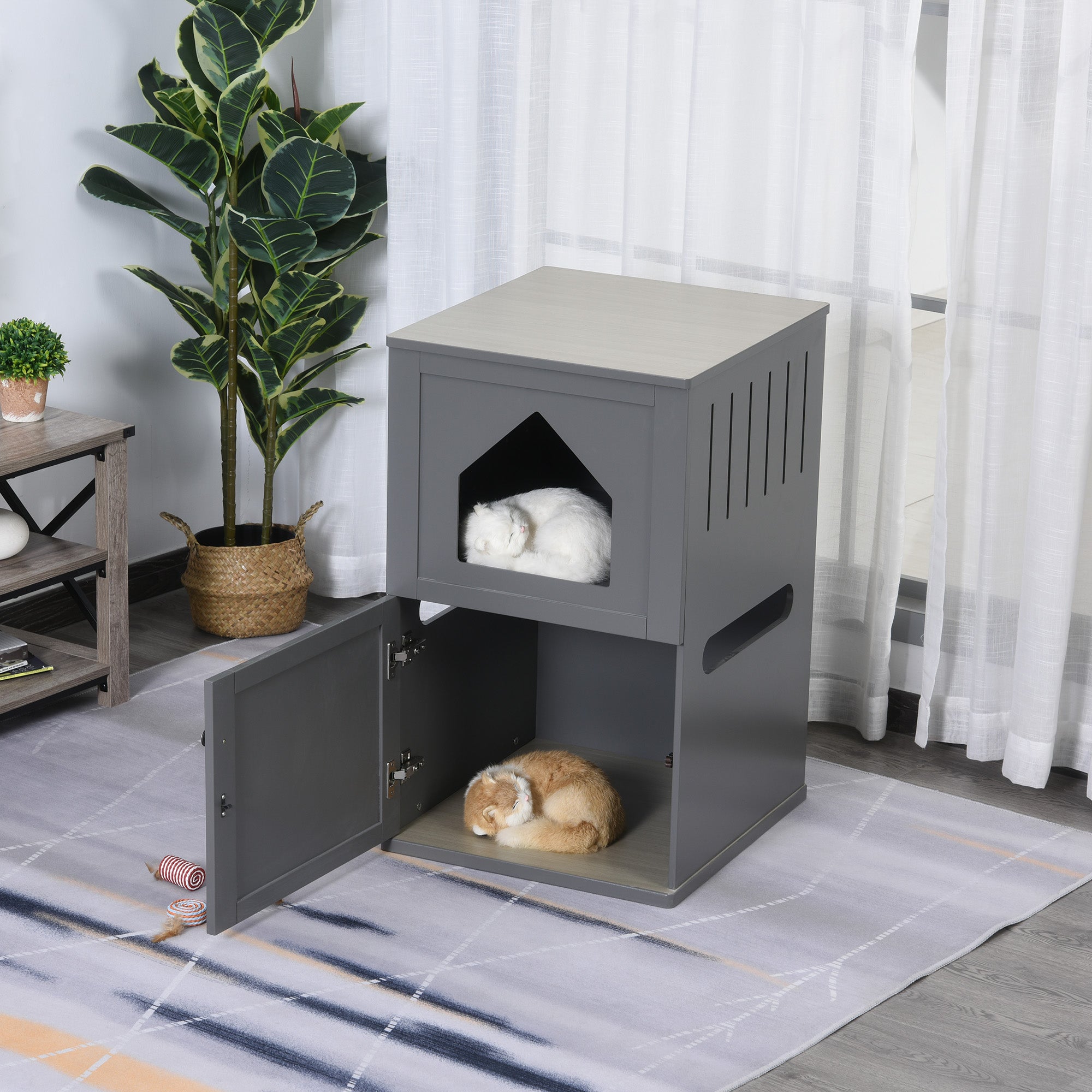 Double-Decker Cat Litter Box 2 Story Pet Crate Luxury Toilet House, Grey