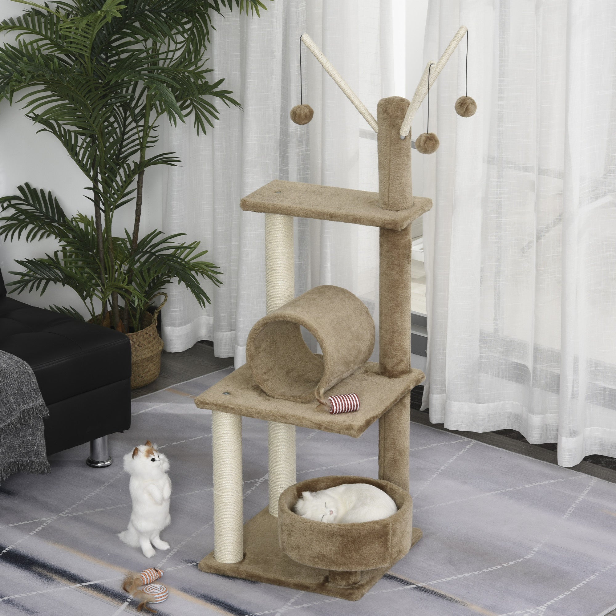 Cats Sisal Rope 3-Tier Scratching Tree w/ Dangle Toys Brown