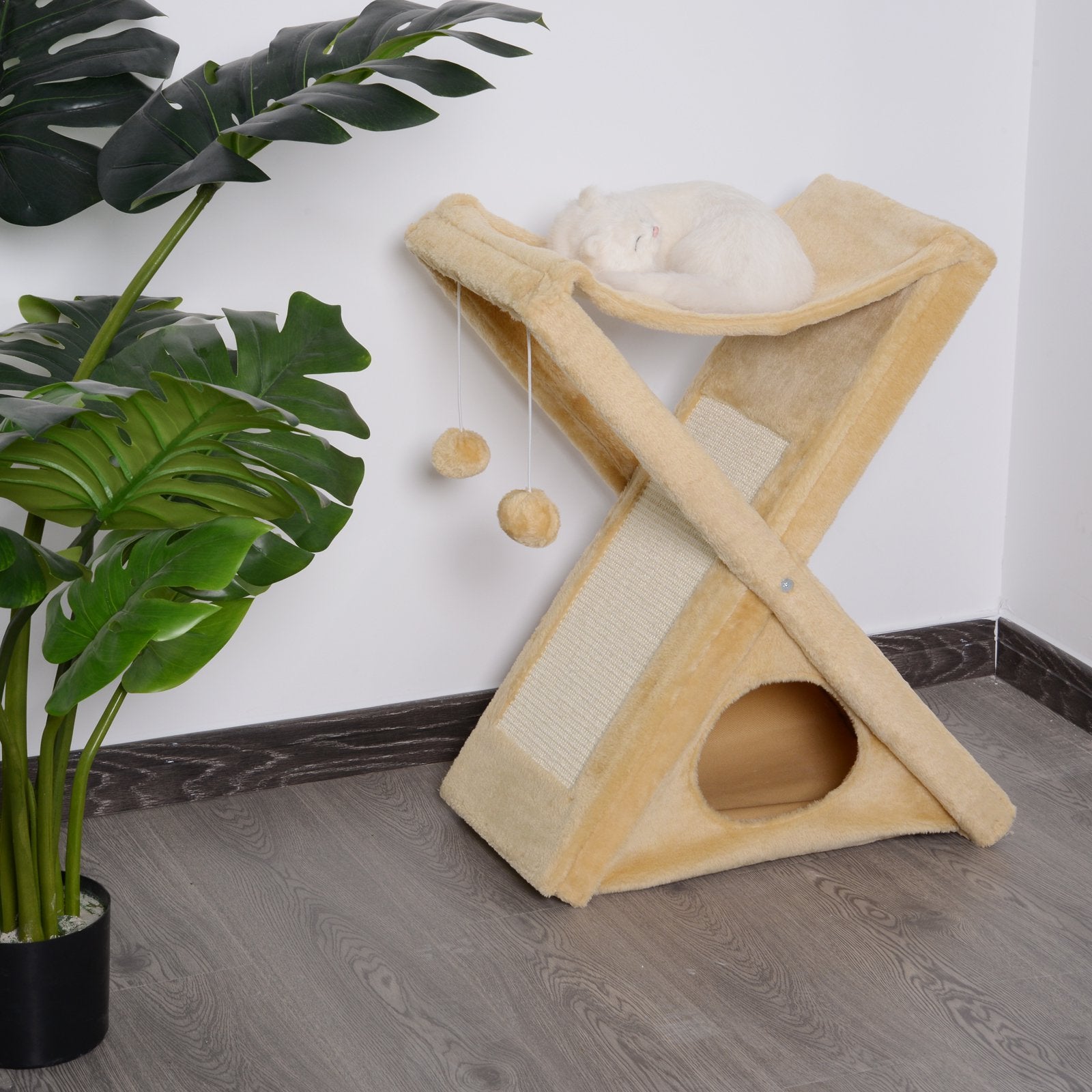 Two Tier Cat Tree Tower Scratching Post, 50L x 32W x 65Hcm-Light Yellow