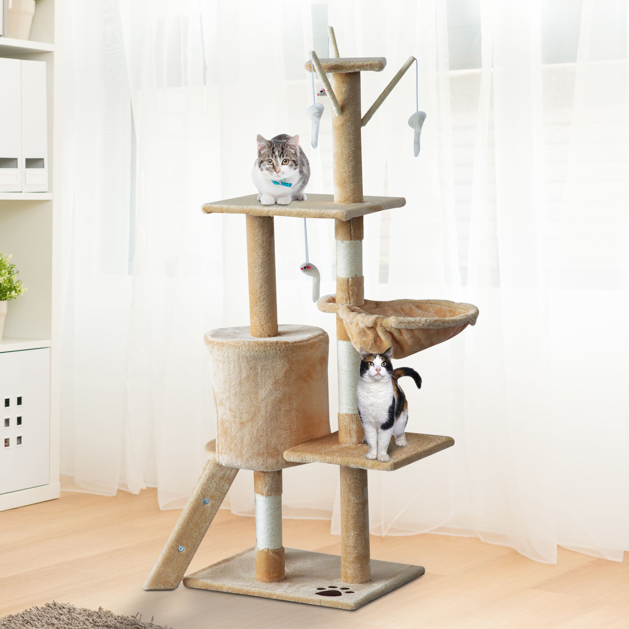 5-Tier Cat Tree Scratching Post with Dangle Toys Beige