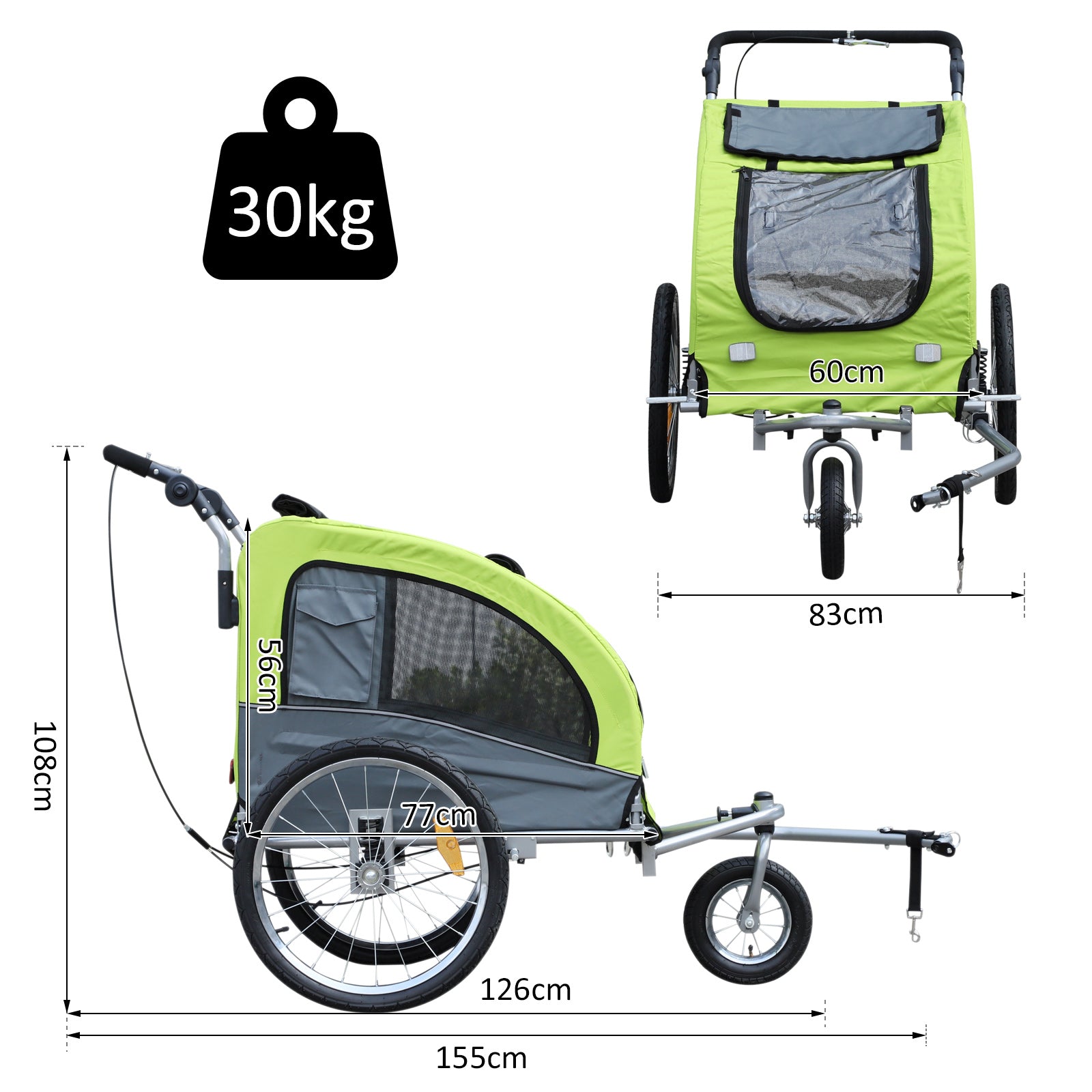 Steel Pet Bicycle Trailer 360 Rotatable 3 Wheel Carrier Green