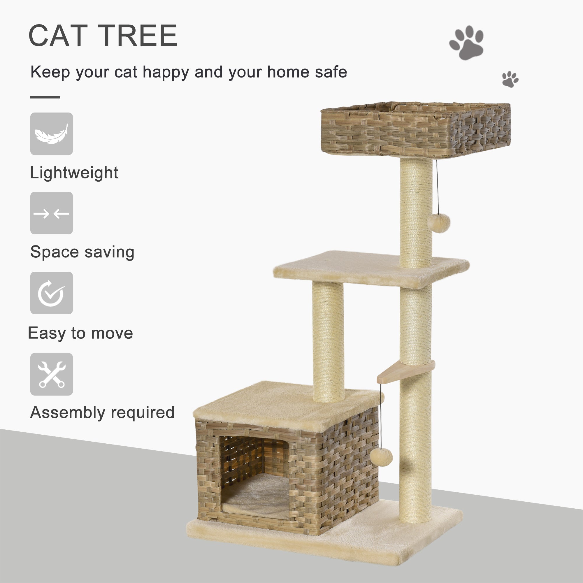 Cat Tree Tower Climb Activity Centre Kitten Rattan 60 x 40 x 109cm