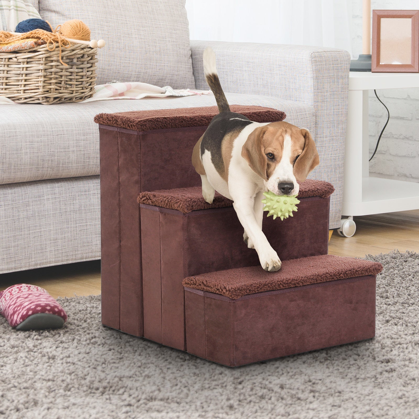3 Step Pet Stairs Foldable Portable Mobility Assistance w/ Washable Fleece Cover 41x19cm Brown