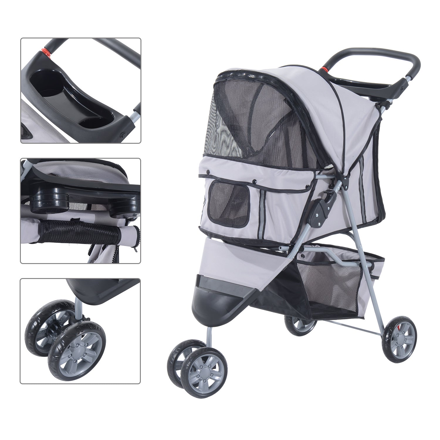 Pet Travel Grey Stroller W/Three Wheels