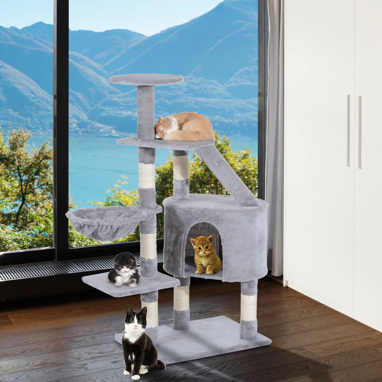 Cat Tree Kitten Scratching Post Activity Center Play House Pet Furniture 125cm (Grey)